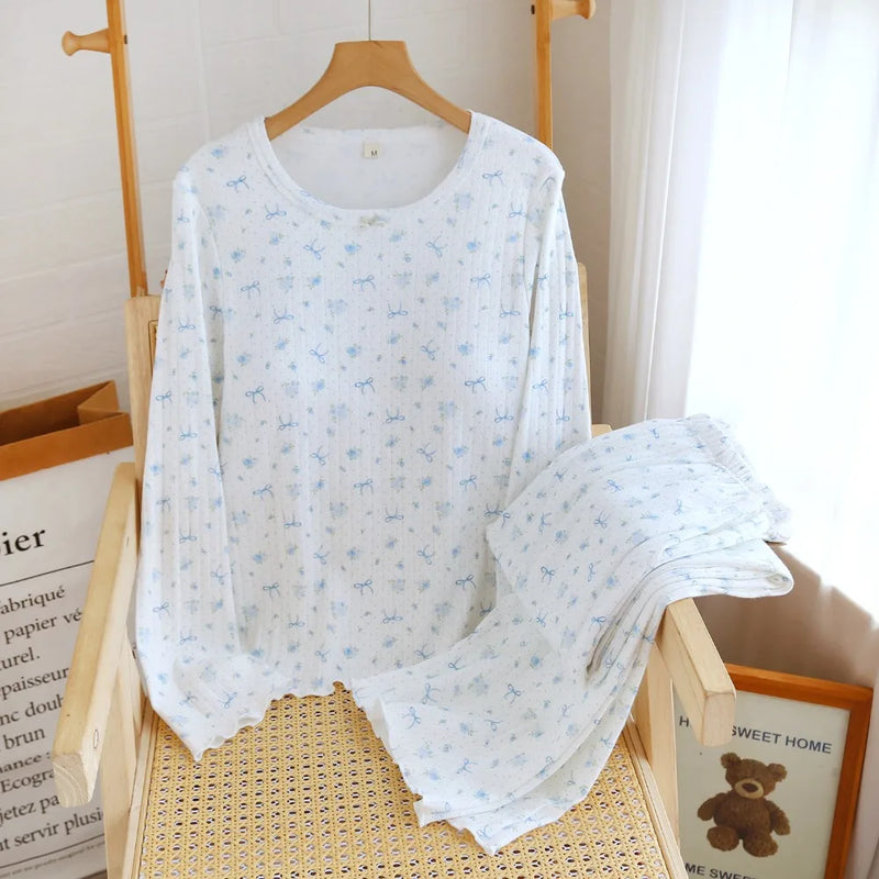 Cotton Women's Floral Pajamas Set 2 Piece Sleepwear Chest Pads Loungewear For Autumn Long Sleeves Trousers Home Clothing Set