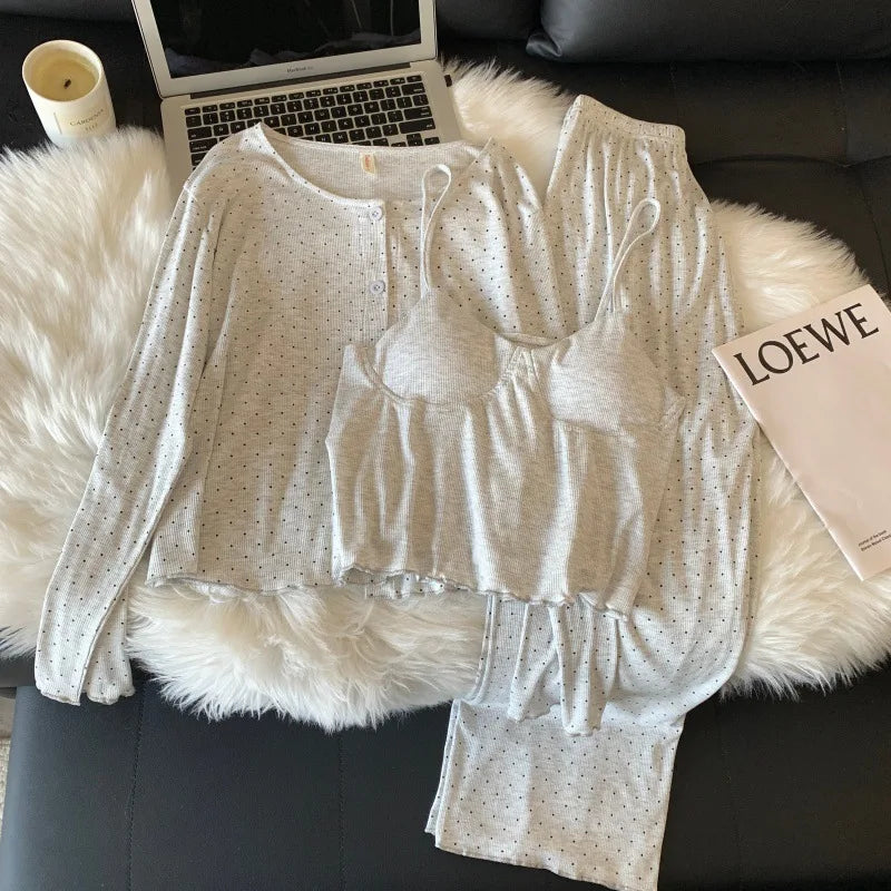 Women’s Loungewear Chest Pads Pajamas Nightwear for Woman Spring Autumn 3 Pieces Pyjama Female Clothing Comfort for Homewear
