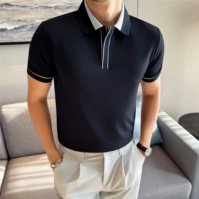 Men's Cotton Spandex Polo Shirt - Comfortable Stretch Short Sleeve with Contrast Collar & Hidden Button Placket