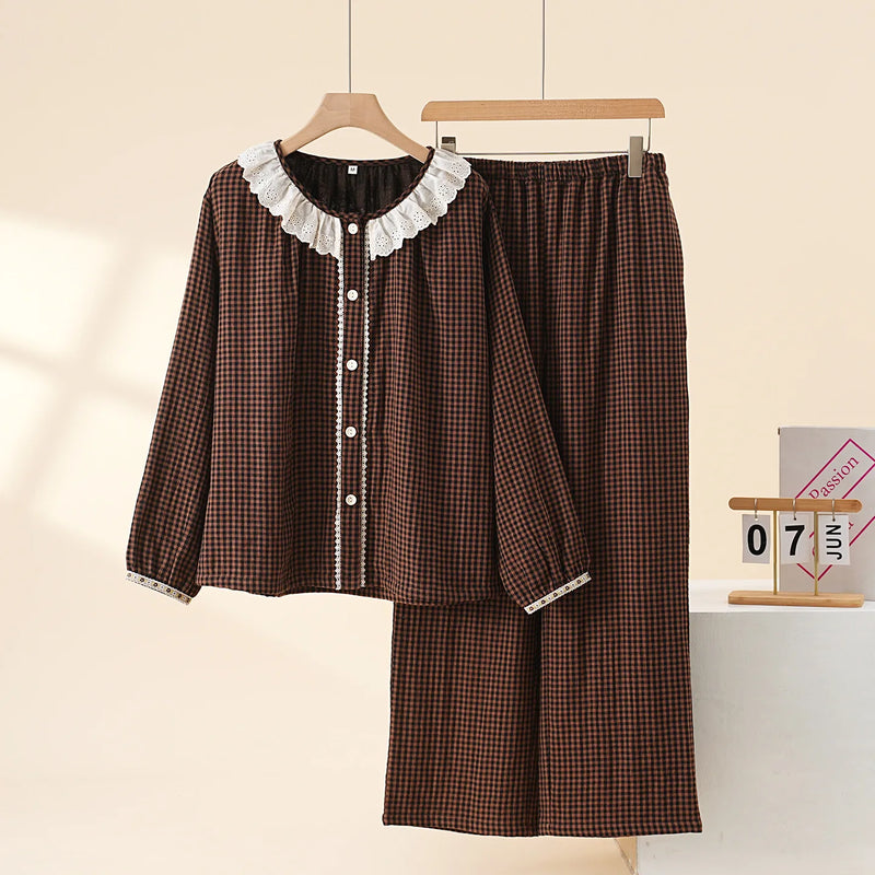 Plaid Sleepwear Women Pajamas Sleep Lounge Female Spring Autumn Long Sleeves Trousers Women’s Loungewear Suit 2-piece Nightwear