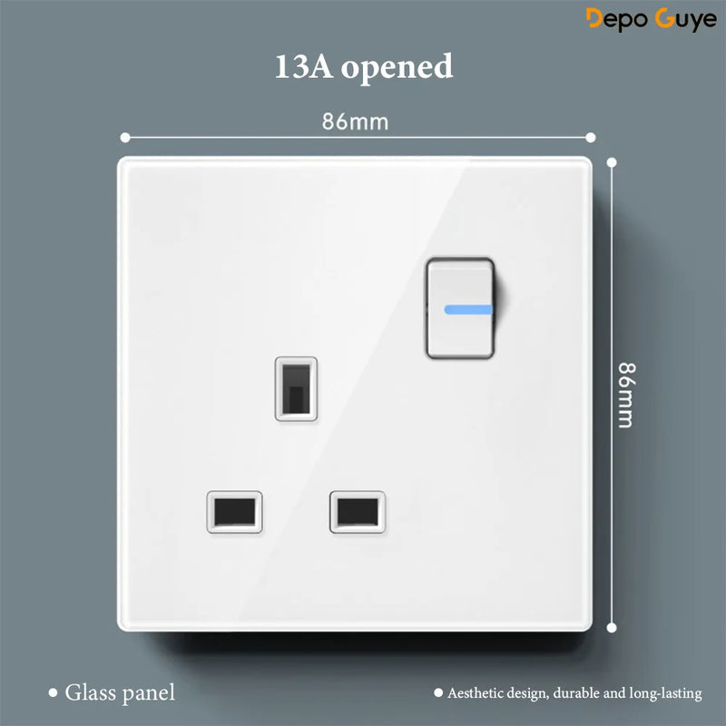 White UK 230V Tempered Glass Touch Light Switch Socket LED Wall Panel Smart Home Switches Socket Manufacturer Wholesale Supplier