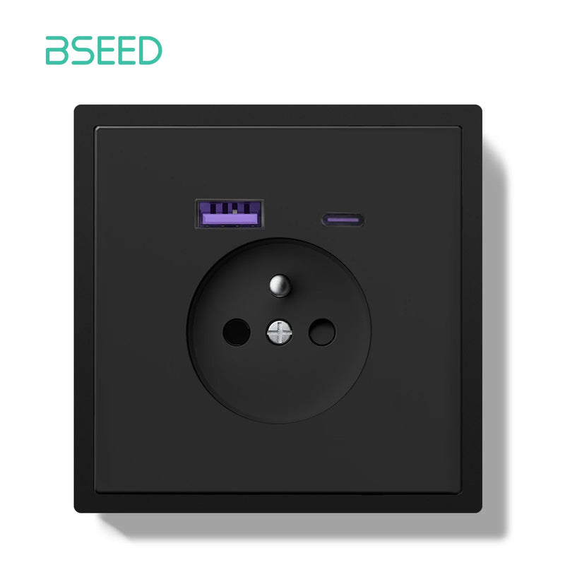 BSEED French Standard Wall Power Socket Electrical Outlets 20W USB Type-C Fast Charge Port Socket White Black Plastic Frame 16A