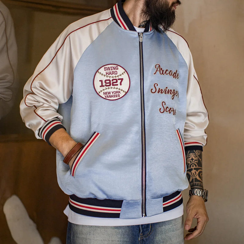 អាវ Maden បុរស Vintage ប៉ាក់ Souvenir Jacket Satin Contrast Baseball Bomber Outwear Short Zip Up Casual Jacket សម្រាប់រដូវផ្ការីក និងរដូវស្លឹកឈើជ្រុះ