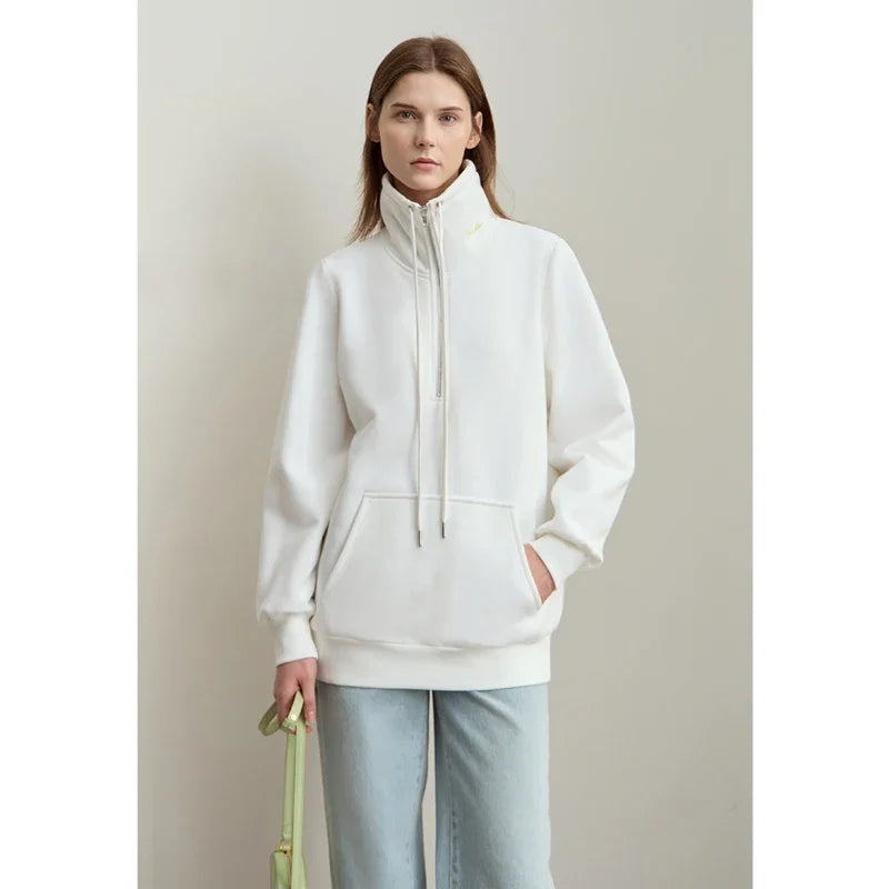 AMII Minimalism Women's Turtleneck Sweatshirts Casual Zipper Letter Embroidery 2026 Winter New Commuter Fleece Hoodies 12444129