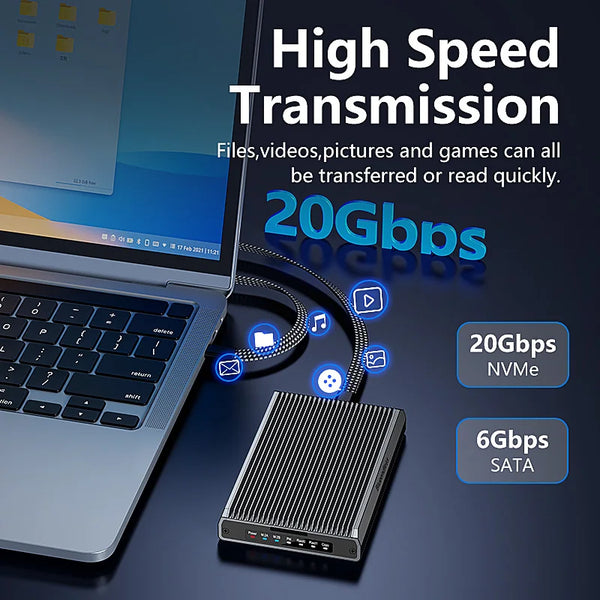 ប្រអប់ Blueendless 2 Bay RAID M.2 SATA M.2 NVME SSD អាលុយមីញ៉ូម Dual Bay NVMe RAID SSD គាំទ្ររបៀប RAID0/1/PM អតិបរមា 16TB