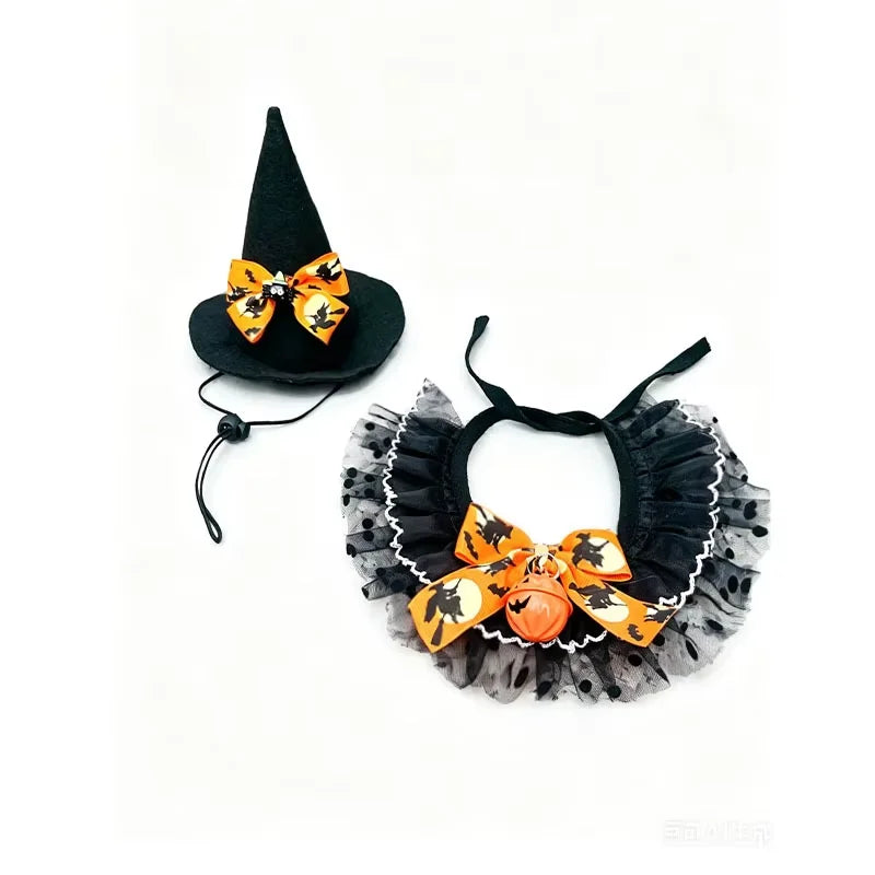 2026 New Pet Saliva Towel Hat Combination Halloween Decorative Cat Bib Dog Lace Scarf