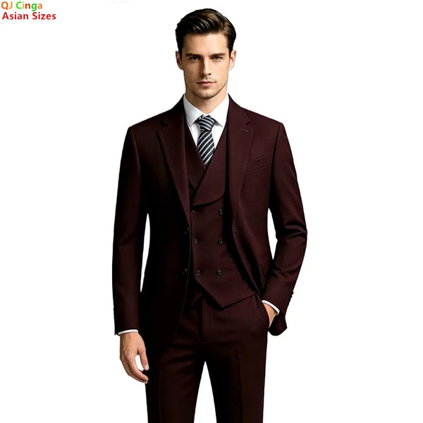 2027 New Men's Three-Piece Suit Set; Asian Sizes, Slim Fit, Available in Black and Burgundy. Business Wedding Party Attire.