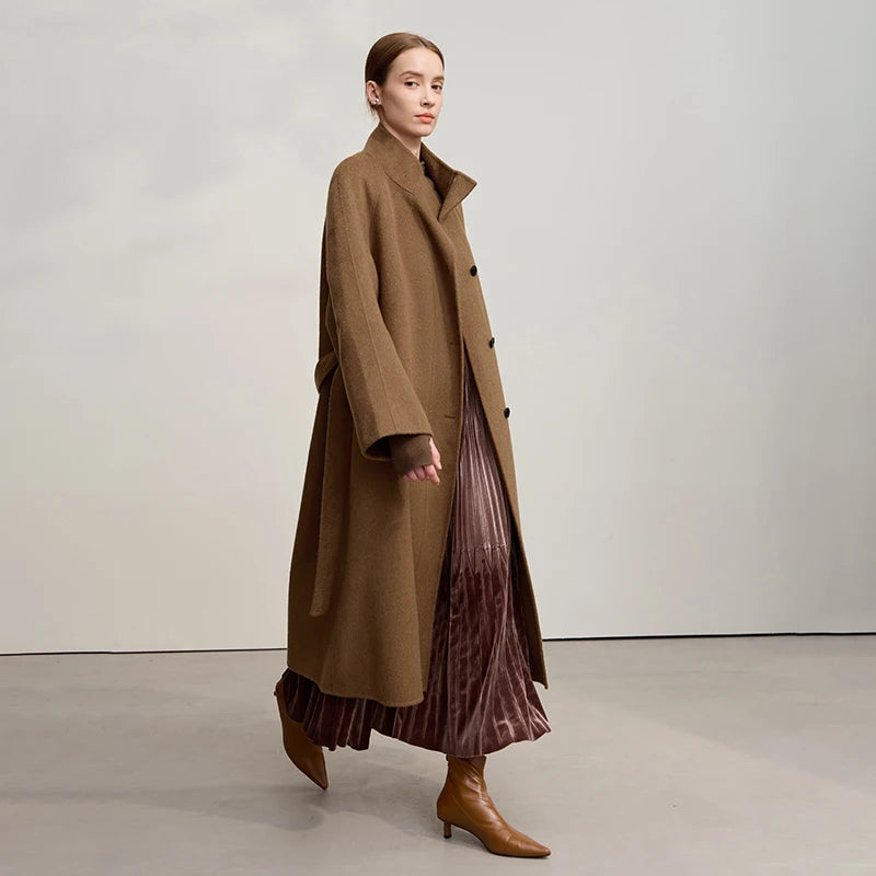 AMII Woolen Coat Woman 2026 Winter New Solid Color Long Sleeves Jacket With Stand Collar Versatile Loose Long Outerwear 12544042