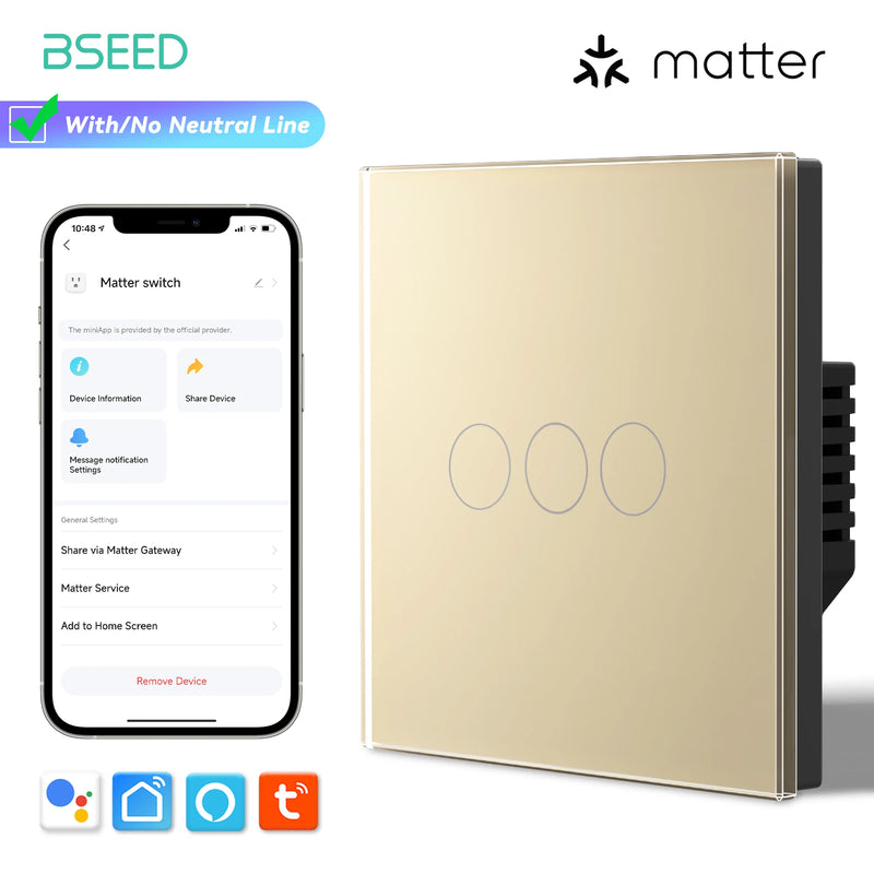 BSEED 1/2/3Gang Matter WIFI Touch Switch Smart Light Switch Work With Apple Home Tuya APP Google Assistant Alexa Voice Control