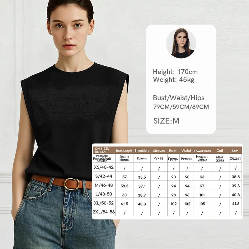 Amii Women's Top 2026 Summer New Round Neck Lace Trim 100% Cotton Tank Tee Loose Casual Sleeveless T-Shirt For Women 12622139