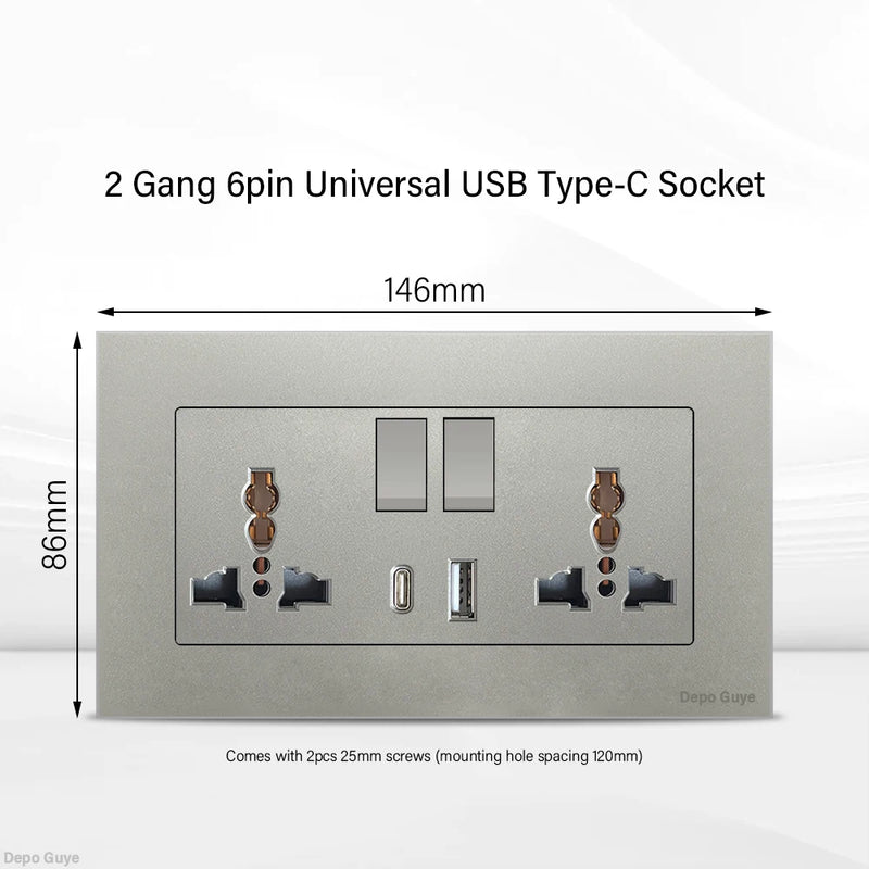 Universal 18W Type-C Quick charge Double Power Outlet,220V Electrical Wall Light 2way Switch UK 13A Wall Double USB Plug Socket