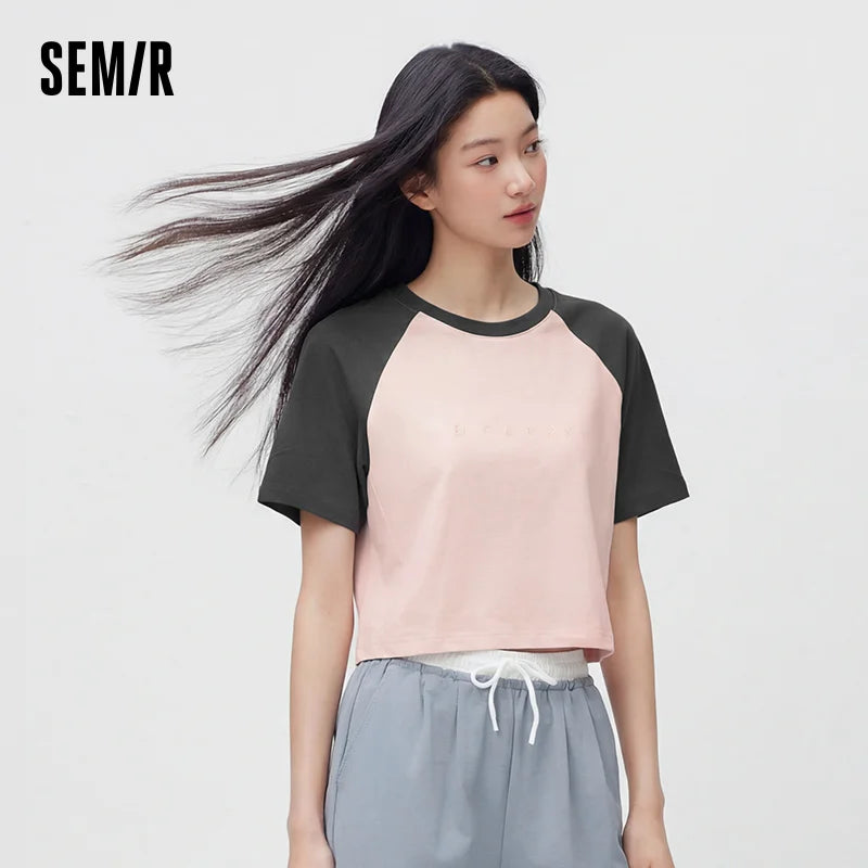 Semir Womens Tshirt 2026 Solid Color Crew Neck Cool Feeling Raglan Sleeve Color Block Slim Fit Casual