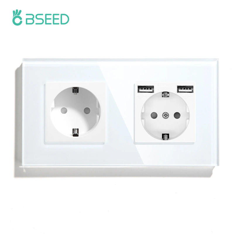 BSEED EU Standard Wall Sockets Single Power Outlets Double Frame Sockets Glass Panel Triple Plug Sockets Kids Protection 16A