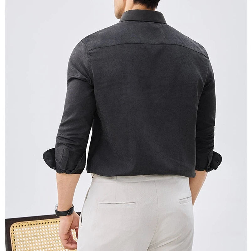 Men's Business Long Sleeve Shirt – Vintage Distressed Linen-Blend with Wide Pointed Collar, Slim Fit for Office & Smart Casual