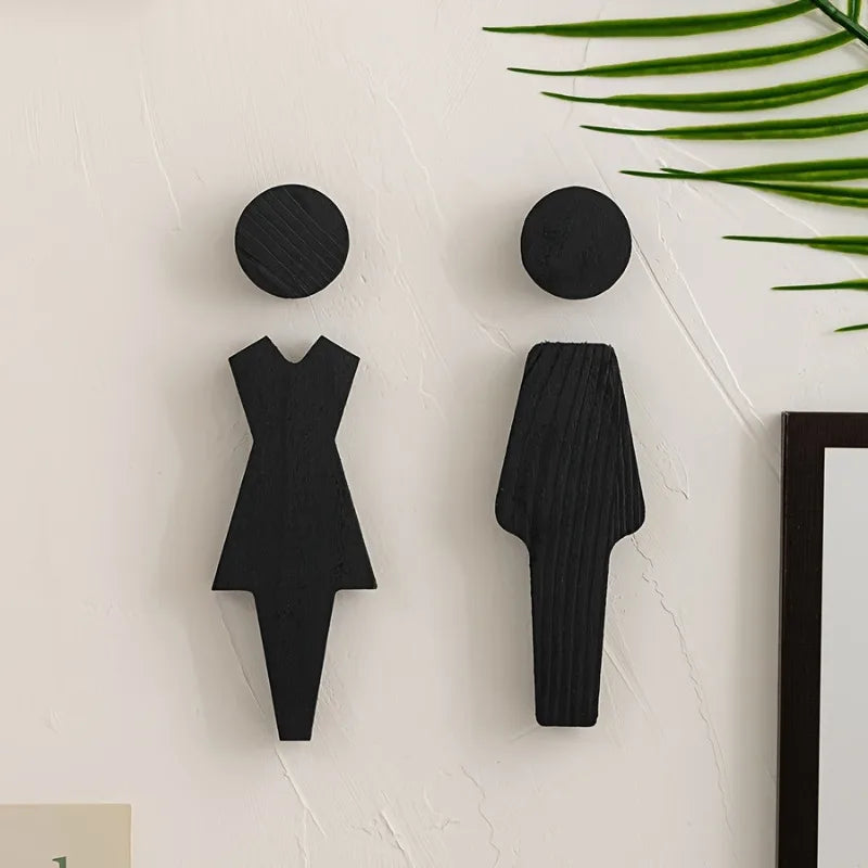 2Pcs Elegant Black Solid Wood Bathroom Sign-Stylish Restroom Decor with Floral Accents,Wall-Mounted for Men'S and Women'S Toilet