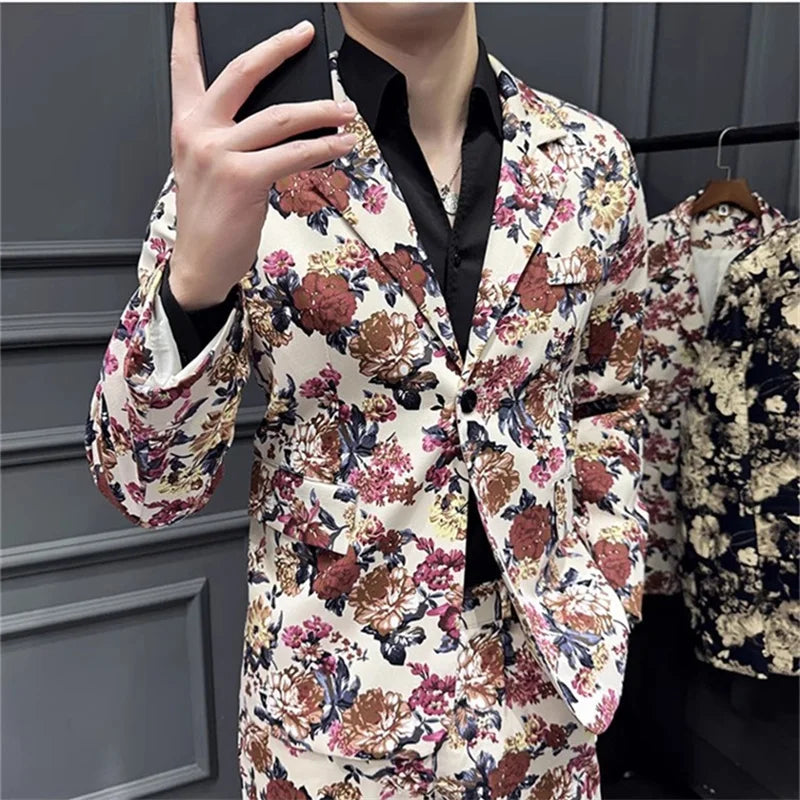 2026 New Men's Blue Printed 2-Piece Suit, Red Single Button V-Collar Cotton Jacket with Trousers.