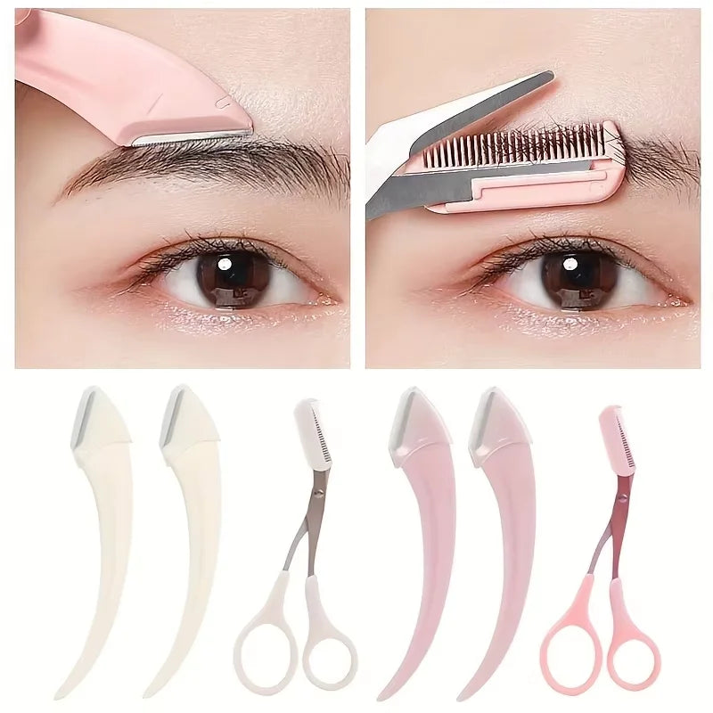 3Pcs Eyebrow Trimmer Set Curved Razor Scissors With Comb Macro Brow Shaper Safety Grooming Kit For Women