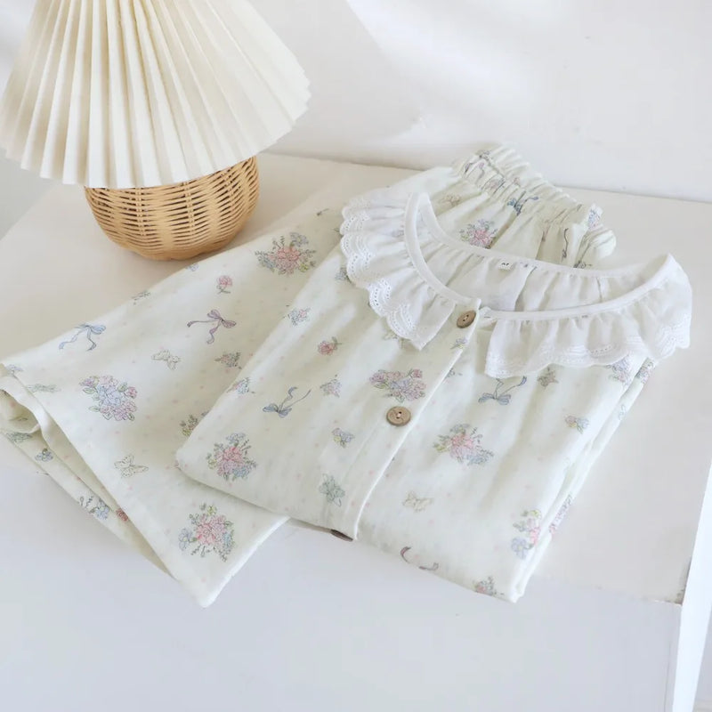 Thin Loungewear Women Pajamas Cardigan O-Neck Short Sleeve Shorts Two Piece Set Summer Comfortable Home Clothes Floral Pijama