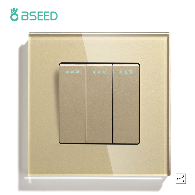 BSEED  Mechanical Light Switch Wall Power Switch On Off Switch Button Lamp Switch 1/2/3Gang 2Way With Glass Frame Home Switch