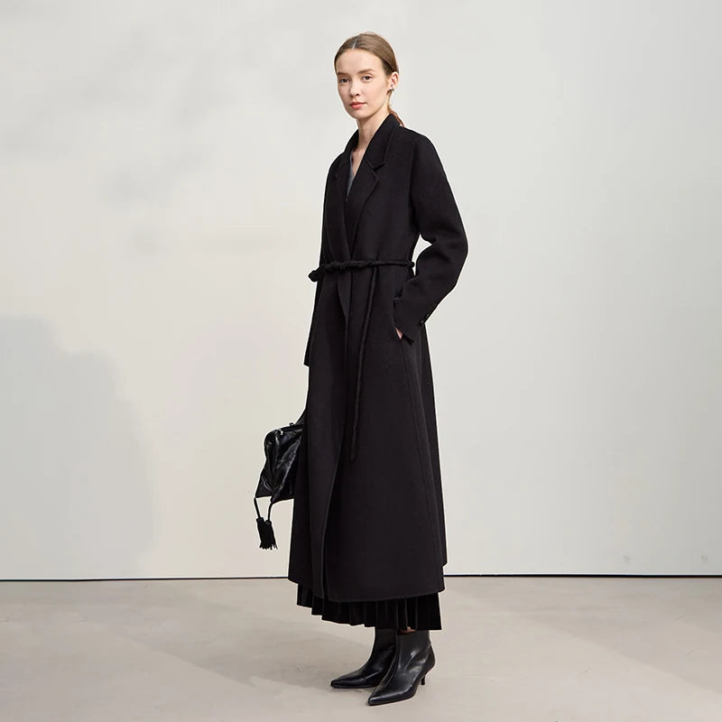 AMII Women's Woolen Coat 2026 Winter New Versatile Long Coats For Women With Belt 100% Wool Double-sided Tweed Jacket 12544044
