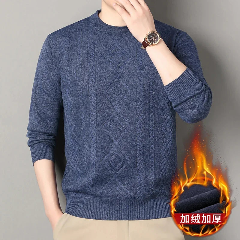 Jacquard Pattern Male Warm Sweater Full Fleece Lining Elastic Hem Crew Neck Office Semi Formal Long Sleeve Pullover