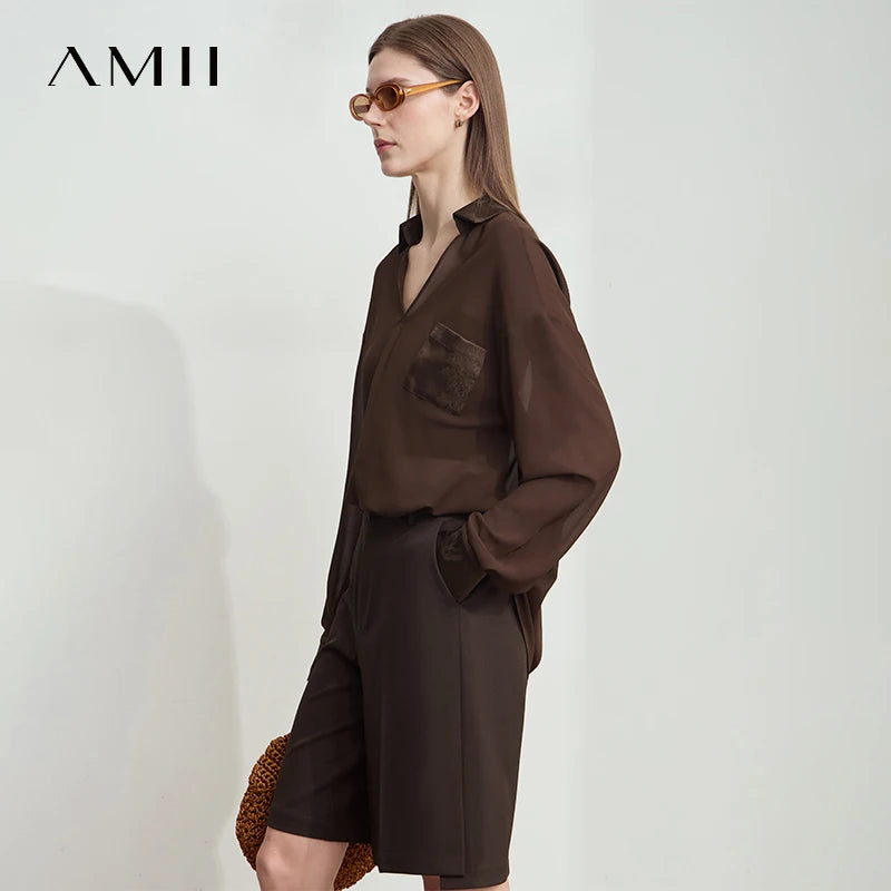 Amii Women 2026 Summer Chiffon Shirts Loose Solid V-neck Dropped Shoulder Long Sleeves Thin See Through Loose Blouse 12512024
