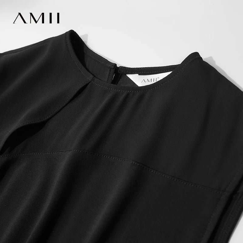 AMII រ៉ូបរដូវក្តៅបារាំងថ្មីសម្រាប់ស្ត្រី កមូលរាងមូល រំយោល សម្ភារៈរំយោល ដៃអាវគ្មានដៃ រ៉ូបសម្រាប់ស្ត្រី ងាយស្រួលប្រើ 12552021
