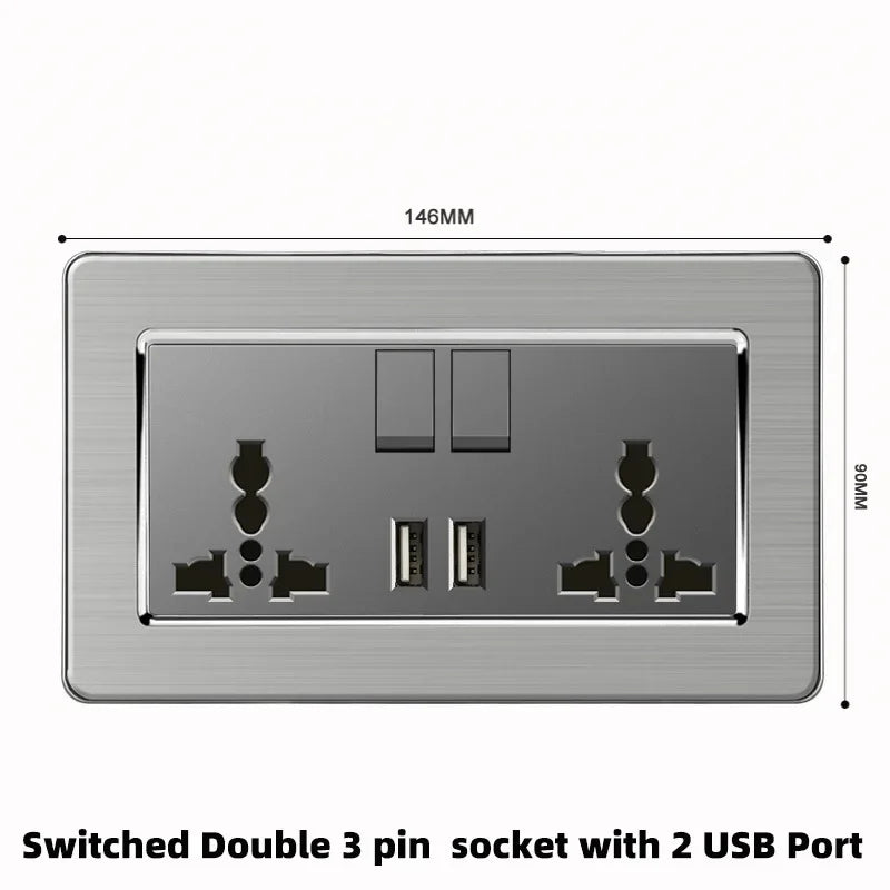 Grey Stainless Steel Metal Uk 13A Wall 220V Light Switch with Electrical Socket, Smart Type-c Fast Charging Wall USB C Socket