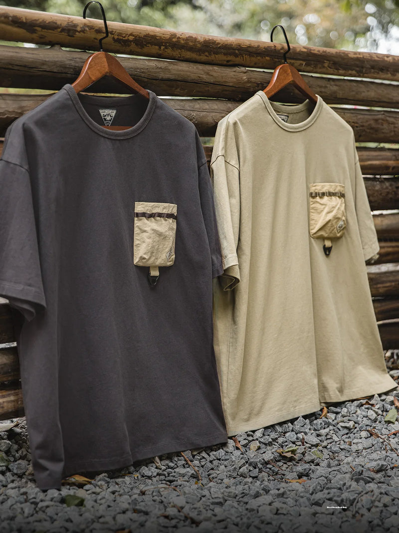 Maden Casual Outdoor Spliced Pocket Short Sleeve T-Shirt Men's Summer Loose Fit Breathable Round Neck Tee Comfortable Street Top