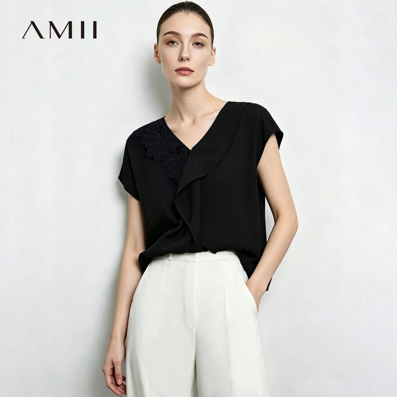 Amii V-Neck Women's Blouse 2026 Summer New Elegant Ruffle Chiffon Top Loose Fit Short Sleeve Office Shirt For Women 12622070