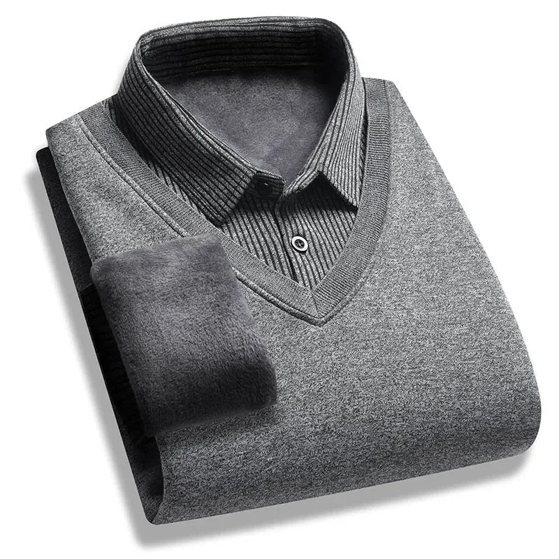 Mens Long Sleeve Collared Pullover Fake Vest Knit Design Full Fleece Lined Vertical Stripe Thermal Cold Weather Business Attire