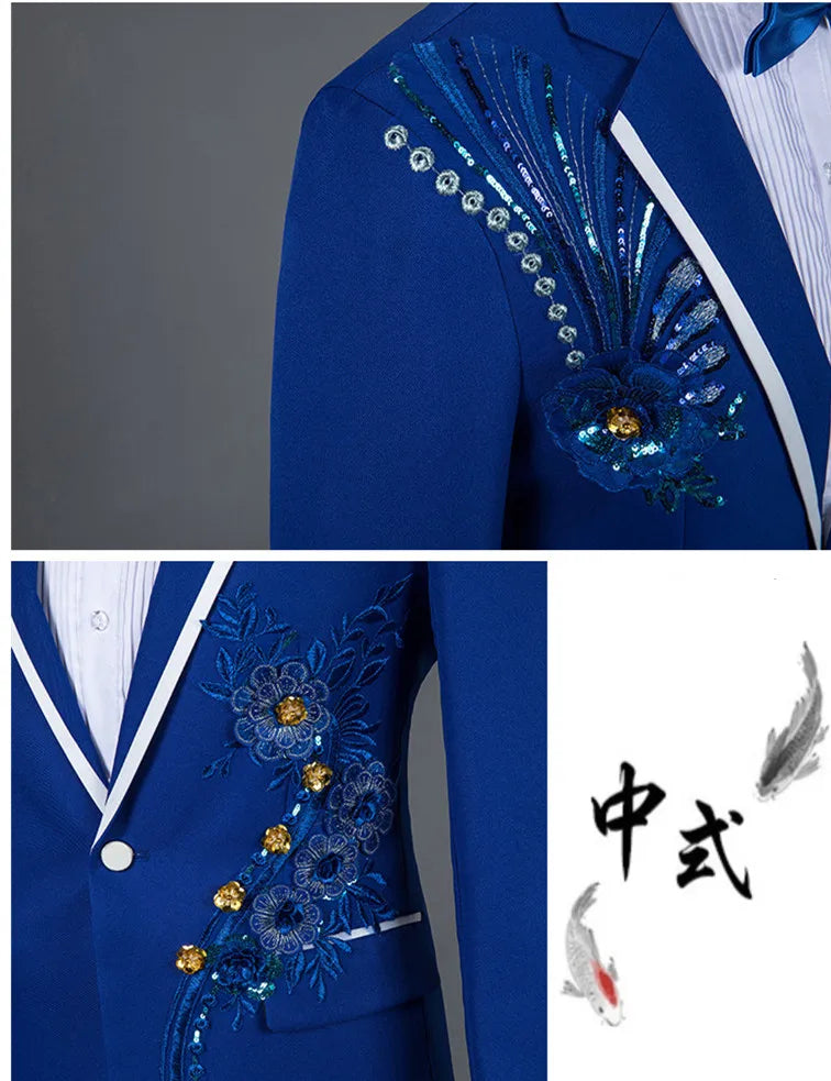 2026 New Men's Red Two-Piece Suit: Embroidered Jacket Paired with Matching Trousers, Perfect for Weddings, Parties, Performances