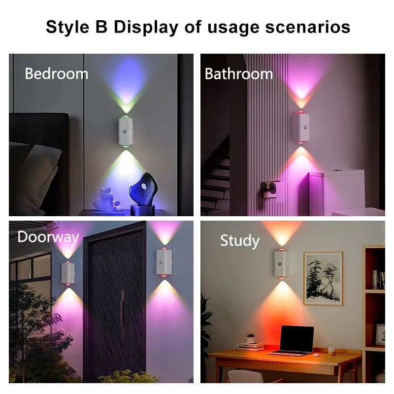 ភ្លើង LED ពេលយប់ RGB ឧបករណ៍ចាប់សញ្ញាចលនា ភ្លើងជញ្ជាំង USB អាចសាកបាន ភ្លើងឡើងលើ និងចុះក្រោម សម្រាប់ជណ្ដើរ រានហាល ការតុបតែងផ្ទះ Ambient