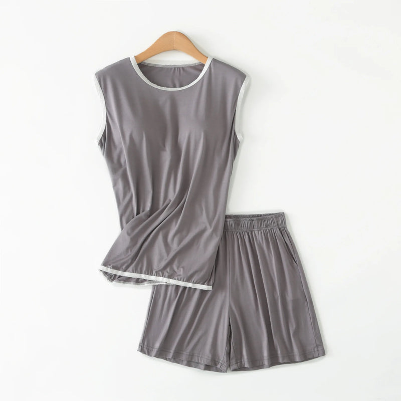 ឈុត Pijama Feminino ថ្មី អាវកាក់គ្មានដៃ ខោខ្លី ឈុតគេងធម្មតា សម្រាប់ស្ត្រី ឈុតគេងសម្រាប់ស្ត្រី ឈុតគេងសម្រាប់ស្ត្រី