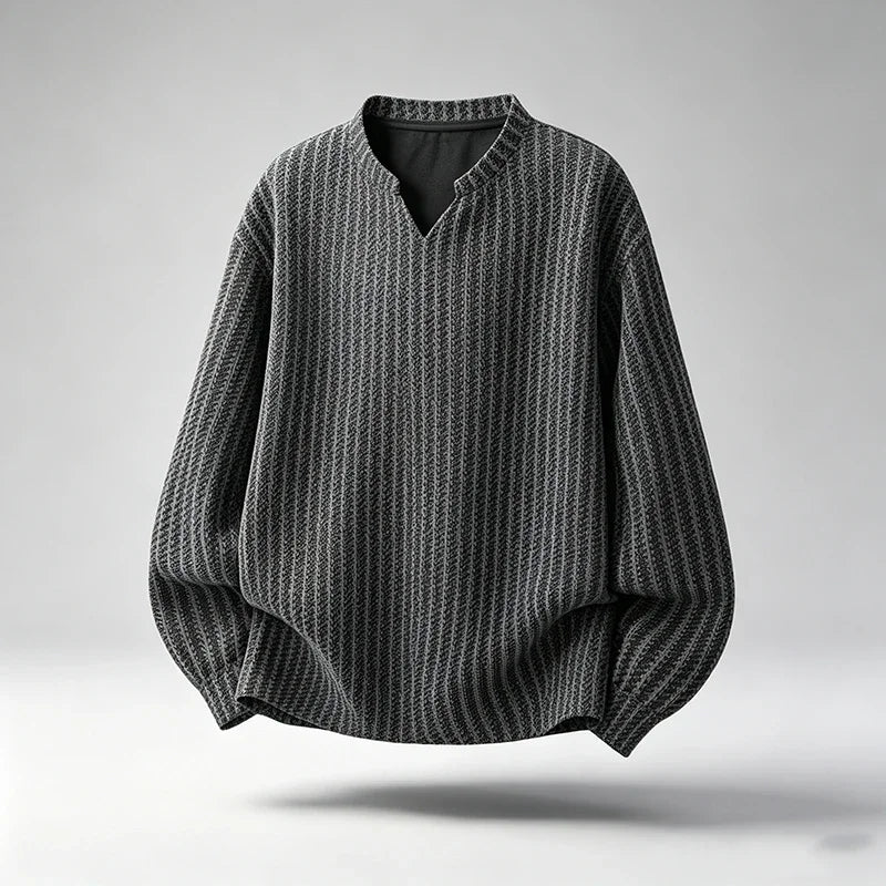 Men Casual Textured Knit Long Sleeve Tee V Notch Collar Vertical Stripe Oversized Fit Male Streetwear Top