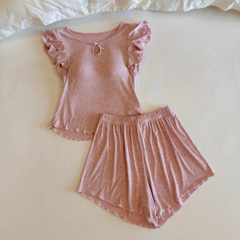 2026 Summer Women's Pajamas Home Wear Soft Short Sleeve and Shorts Sleepwear Sets Woman 2 Piece Solid Color Night Wear Female