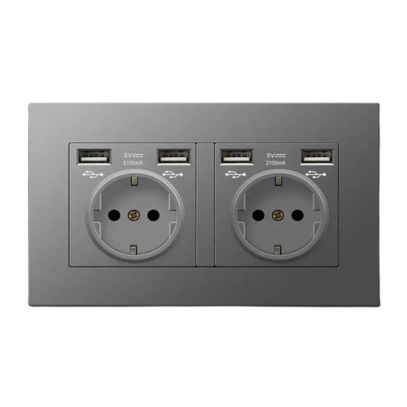 Black PC European Standard Dual 16A Wall Socket with Usb Charging Port, USB Plug Adapter 220V Power Socket Strip 146mm*86mm