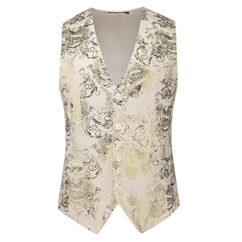 Men's Gold Printed Sleeveless Suit Vest, Red Single Breasted V-Neck Waistcoat, Wedding Party Vests, Asian Size M-6XL