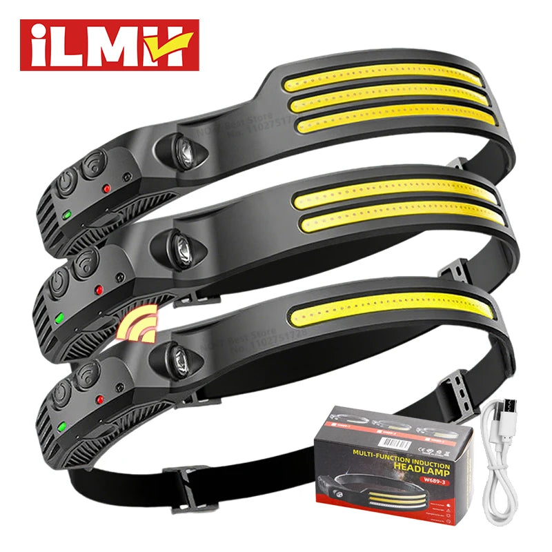 ភ្លើងមុខ COB LED ដែលអាចសាកបានដោយ USB ជាមួយឧបករណ៍ចាប់សញ្ញាចលនា ភ្លើងពិលធំទូលាយ ការពារទឹក សម្រាប់ការបោះតង់ នេសាទ ក្រៅផ្ទះ