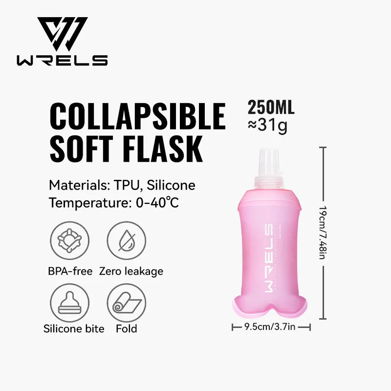 WRELS Soft Flask BPA Free TPU Collapsible Water Bottle Lightweight Foldable Hydration Bottle Wide Mouth Running Squeeze Bottle
