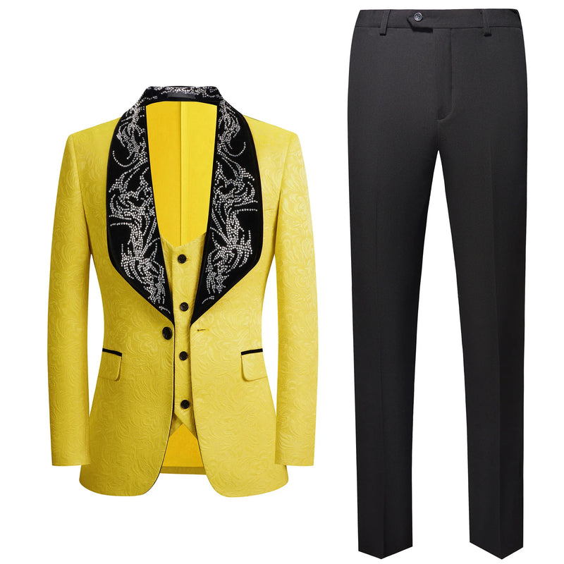 Red Men's Three-piece Suit Set Featuring A Jacquard Jacket and Vest Paired with Pants. Blue, Green, Purple, Pink, and White.