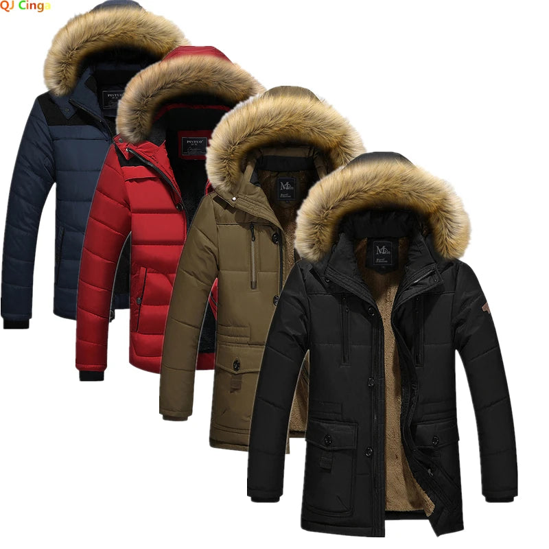 Men's Winter Black Hooded Parkas Jacket, Fake Fur Collar Thick Coats, Fashion Warm Outerwear Male Overcoat Blue Red Jaqueta