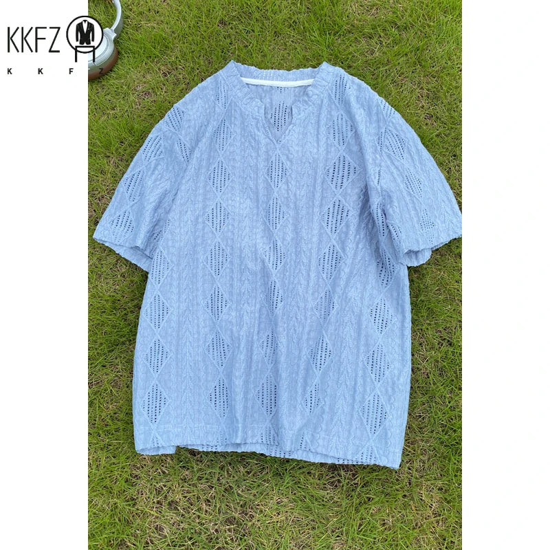 Men Casual Henley V Neck Short Sleeve Top Hollow Jacquard Weave Breathable Cloth For Street Daily Matching Scenarios