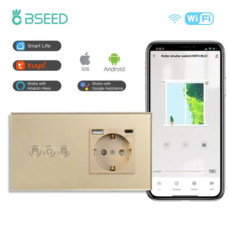 BSEED Wifi Touch Roller Shutter Switch With EU Standard Wall Socket USB Type-C Smart Wireless Blinds Switch Tuya Alexa Control