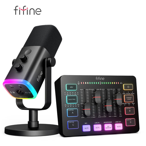 FIFINE All-in-One Podcast Kit with RGB Audio Mixer,Streaming Studio Set with Dynamic Mic for PC Gaming Recording-Ampligame KS5 KS5 CHINA