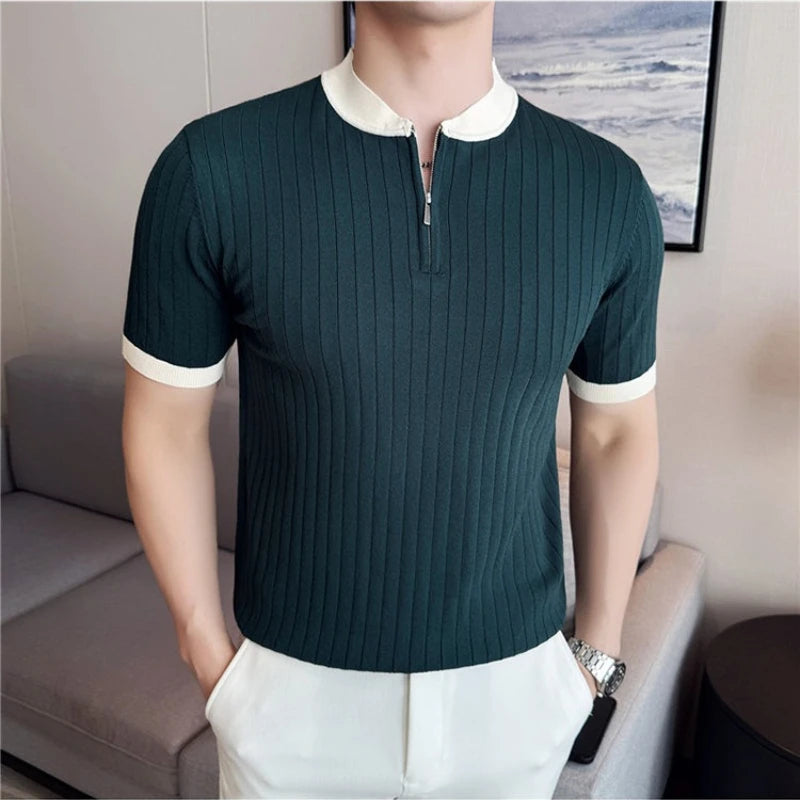 Men's Stretch Ice Silk Knit Polo Shirt with Half Zip and Contrast Color Stand Collar Half-zip Color-block Stand Collar T Shirt