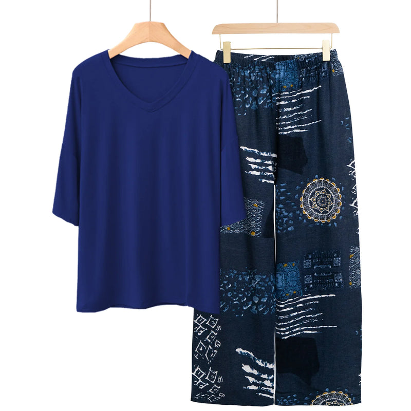 New Print Room Sleepwear Set Short Sleeve Women's Pajamas Casual 2 Pieces Loungewear Clothes Spring Summer Modal Home Suit