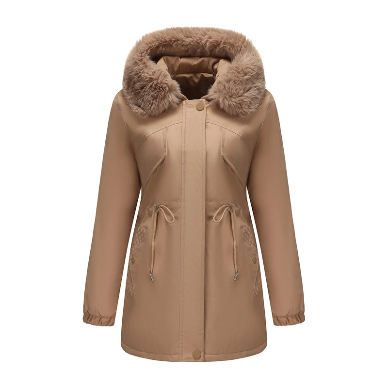 Women's Beige Mid-length Thick Jacket, Blue Knee-length Parka, Fitted Fur-trim Casual Overcoat, Stylish and Warm Trench Coat.