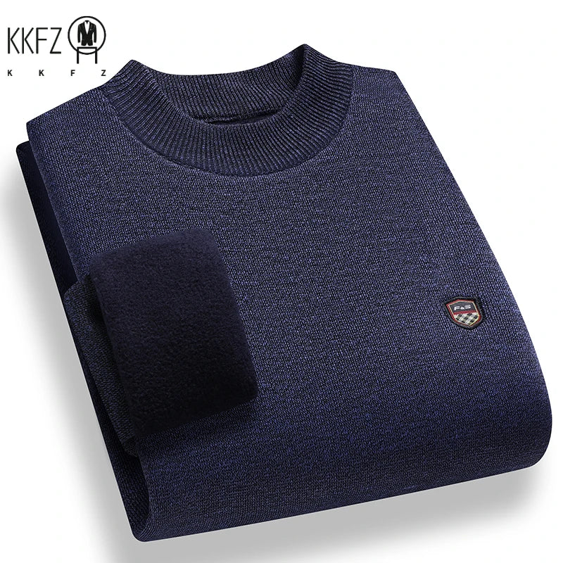 Windproof Men Plain Knitted Sweater Stretch Rib Trim Small Shield Badge Fleece Lined Office Casual Long Sleeve Top