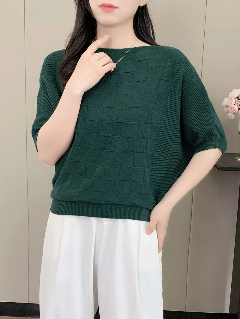 Korean Fashion One-word Collar Casual Bat-sleeved Knitted Sweater Women's Top Spring Summer Knitwear Pullover Jumper Shirt